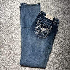 Women’s Grace in LA Dark Wash Blue Easy Fit Embroidered Bootcut Jeans Size 29x33